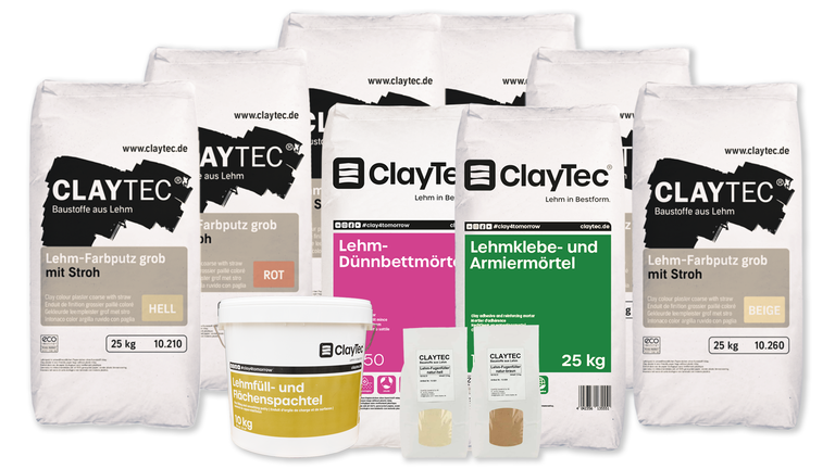 Claytec Lehmbaustoffe: Putze, Mörtel, Spachtel, Proben.